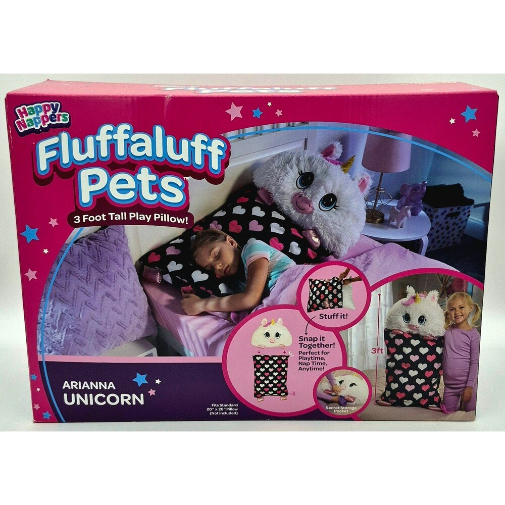 NEW Happy Nappers Fluffaluff Pets Arianna Unicorn 3ft Play Pillow Secret Pocket
